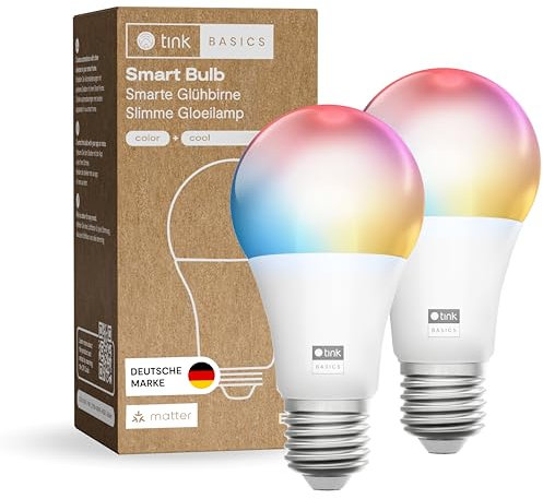 tink Basics Smarte Glühbirne E27, WLAN LED Lampe RGBWW, Weiß & Farbe, dimmbar, 16 Millionen Farben, 806 lm, Sprachsteuerung mit Alexa, Google Assistant, Apple Home (E27, 4, stück)