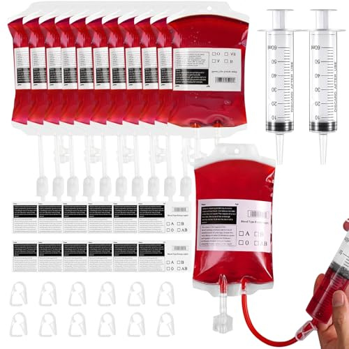 12 Pack Halloween Blood Bag Drink Pouches, Reusable IV Blood Bag Containers | Reusable IV Blood Bags Pouches for Vampire, Nurse, Medical, Halloween, Doctor Nurse Graduation, 12 Fl. Oz. Each + 2 Syringes
