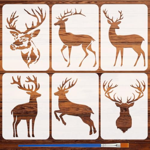 FINGERINSPIRE 6 Stück Malschablone Mit Hirschkopf Und Pinsel 21x29.7cm Hirsch Silhouette Muster Zeichenvorlage Tiermotiv DIY Dekorationsschablone Zum Malen Auf Holz Wänden Stoffen Und Möbeln