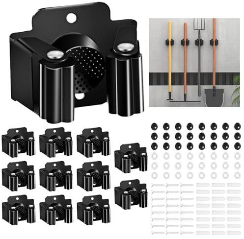 12 Pièces Accroche Balai Mural avec Matériel Montage, Support Vadrouille Acier Inoxydable, Porte-Outils Jardin Noir pour Balais Pelle, Porte Serpillère pour Cuisine, Garage, Salle Bain, Bureau, Maison