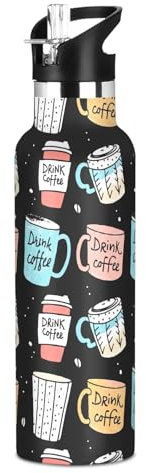 Kids Stainless Steel Water Bottle for School, Cute Coffee Cups Black 20oz BPA Free Double Wall Vacuum Water Bottles Insulated Travel Cups for Kids with Straw Lid