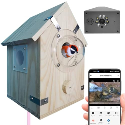 Bird House with 2.4G 5G WiFi Camera Ultra HD Natural Wooden Box Tuya APP Watch Breeding 64G Memory Record Video Playback Night Vision for Bird Lover DIY Gift