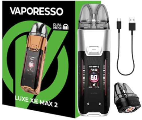 Vaporesso LUXE XR Max 2 Vape Kit [Silver], 0.96″ TFT RGB Display, 80W Pod Mod, 3200mAh Mega Battery, 2ml TPD Pods, Draw-Activated or Button Fire, Adjustable Airflow MTL to DTL, No Nicotine