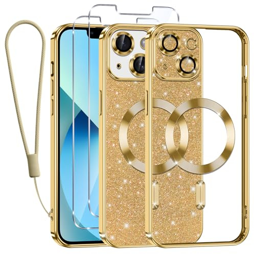 Tikfrlo Handykette für iPhone 13 Hülle mit MagSafe, Glitzer Magnetisch Handyhülle Stoßfeste Silikon TPU Schutzhülle Case für iPhone 13 mit 2 Stück Schutzfolie, Gold