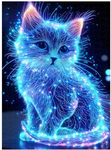 Artinhand 500 Teile Puzzle für Erwachsene Blau Leuchtende Katze Puzzles | Niedliches Tier Puzzle für Erwachsene und Kinder Heimdekoration Geburtstagsparty Geschenk Spielzeug 52x38 cm