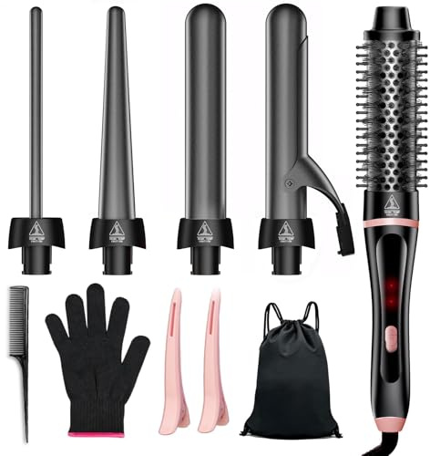 5 in 1 Lockenstab, Schnellaufheizende Thermischer Bürste mit 4 austauschbaren Keramik Barrels (0,35-1,25) Dual-Voltage Reisegeräte Geburtstagsgeschenk für Frauen - Lockenstab Set für Locken Föhnlook