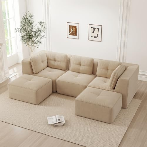 3-Sitzer Cloud Ecksofa – U-Form Big Sofa ohne Montage, 32D hochelastische Polsterung, extra tiefe Sitzfläche, breiten Armlehnen, bodennahes Lounge Sofa Beige 3-Sitzer+2 (Beige, Eckesofa-3S+2)