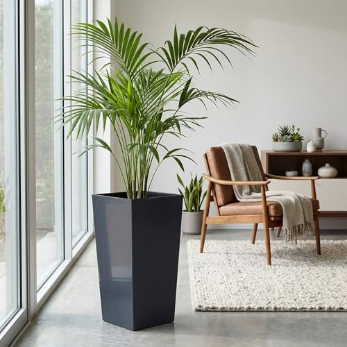 Maceteros Altos para Flores CON Cubeta Interior, Maceta Grande de Exterior/Interior, Plástico mate, para Terraza, Jardín o Salón, resistente UV, 50 Alto x (26,5x26,5) cm, color Antracita