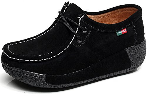 rismart Donna Formale Piattaforma Nascosto Tacco Cuneo Scamosciato Sneaker Scarpe Nero,38 EU