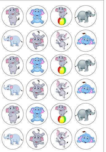 24 Pre Cut Cute Elephant Wild Animal Zoo Themed Edible Wafer Paper Round Cake Toppers Decorations