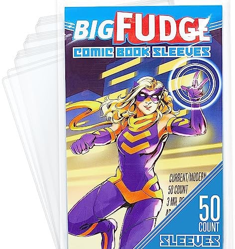 BIG FUDGE 50 Comic Book Sleeves - 7.25” x 10.5 Acid Free Crystal Clear Archival Bags - Plastic Protector Sleeve for 1990's & Current Comics