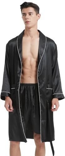 Haseil Luxuriöser Herren-Kimono-Bademantel mit Shorts, Seidensatin, leicht, langärmelig, Nachtwäsche-Set, Schwarz1, X-Large