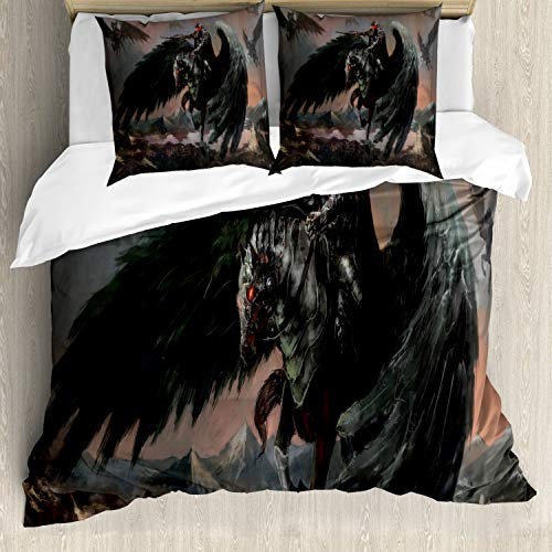ABAKUHAUS Fantasy World Bettbezug Set, Pegasus König Leading, Milbensicher Allergiker geeignet mit Kissenbezügen, 200 cm x 200 cm - 80 x 80 cm, Schwarz Braun