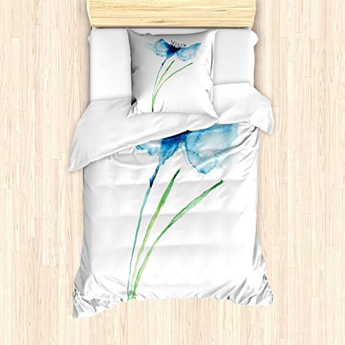 ABAKUHAUS Watercolor Flower Duvet Cover Set, Cornflower Summer Botanic Floral Blooming Plants Print, Bedding Set 2 Pieces with 1 Pillow Shams, 135 cm x 200 cm, Navy Blue White Green