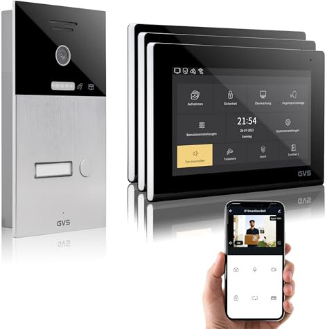 GVS - IP Video Türsprechanlage mit Türöffner, HD Kamera, 3X 7 Zoll Monitor & App - Smarte Video Türklingel mit Kamera & Gegensprechanlage für 1 Familienhaus (AVS1086U)