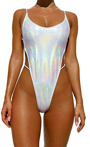 YAUASOPA Sexy Liquid Metallic Glitter One piece Push Up Swimsuit Female Shiny Solid High Cut Beachwear (X-Large, Light Silver)