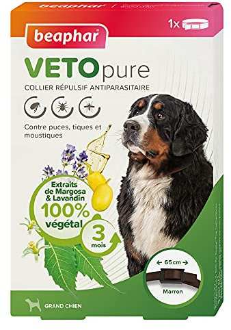 BEAPHAR – VETOPURE – Collier répulsif antiparasitaire pour Grand Chien – Aux extraits de Margosa & de Lavandin – Contre Les puces, tiques et moustiques – Protection 3 Mois – Collier Marron de 65cm