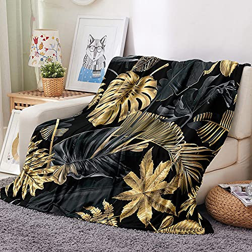 FTCAKET Decke Wohndecken Couchdecke Goldene Blätter schwarz Cartoon Flanelldecken Hochwertige Wohndecke Super Weiche Fleecedecke Als Sofaüberwurf Tagesdecke Oder Wohnzimmerdecke 150x200 cm(59x78 inch)