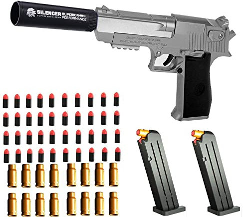 AGDLLYD Spielzeugpistole, Wüstenadler, Kinder Pistole mit Schalldämpfer, Schaumstoff-Blaster, 40 Darts, 1:1 Spielzeugpistole-Look echt, für Sicherheitstraining oder Spiel (grau)