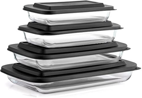 JoyFul by JoyJolt 8pc Glass Bakeware Set. 4x Baking Pan Dishes and 4x Baking Dish Lids for Kitchen Storage, Deep Baking Sheet, Oven Tray, Rectangle Casserole Dish, Lasagna Pans, Cake Baking Sheets
