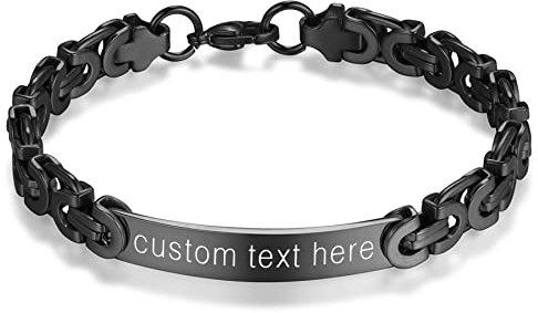 JewelryWe Schmuck Personalisierte Armband Herren Edelstahl Byzantiner Königskette Partnerarmband Freundschaftsarmband Paar Armkette Armreifen mit Gravur für Männer, Schwarz