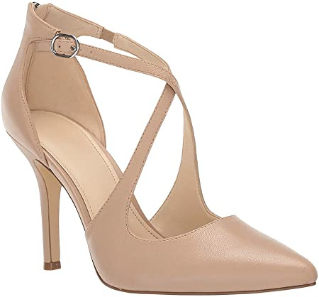 Minshluu Womens Pumps High Heels Pointed Toe Crossed Strap D'Orsay Zip up Stilettos Party Dress Shoes Light Camel
