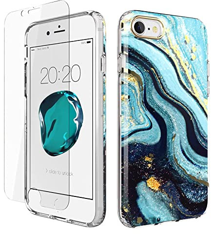 URZQOQ iPhone SE 2022 Hülle iPhone SE 2020 Hülle iPhone 8 Hülle iPhone 7 Hülle mit Schutzfolie Schick Schlank Schutzhülle Stoßfest Kratzfest Handyhülle für iPhone SE/iPhone 8/iPhone 7 4.7'' Blau