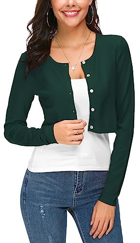 EEVASS Femmes Manches Longues Bolero Court Cardigan Collier Rond Tricot Gilets Sweaters avec Boutons (S, Vert foncé)