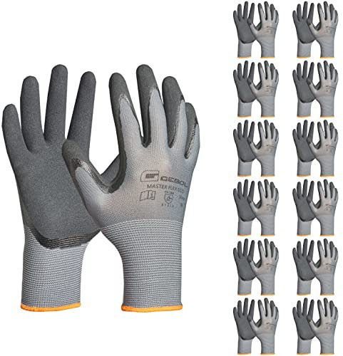 Gebol Master Flex Eco 12er Set | Arbeitshandschuhe mit Nitril-Beschichtung | sicherer Griff | Nitrilhandschuhe für Werkstatt & Garten | Damen und Herren | Größe M (Gr 8) | Grau | 12 Paar Multipack