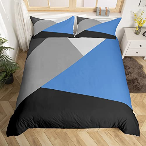 Homewish Geometric Patchwork Duvet Cover Set with 2 Pillowcases - Double Size, 100% Soft & Breathable Polyester, Zip Closure - Blue Grey Triangle Bedding - Modern Simple Pattern with Black Reverse