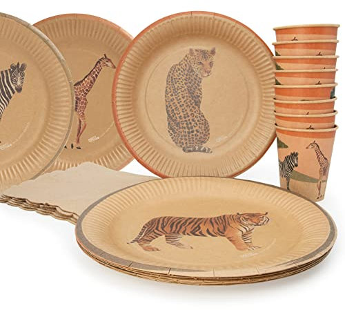 PARTY PARTY Safari Party Set 8 Gäste umweltfreundliches Kraftpapier, Partygeschirr Partybecher, Pappteller, Servietten, Party Deko Dschungel Kindergeburtstag Junge Mädchen, Geburtstag