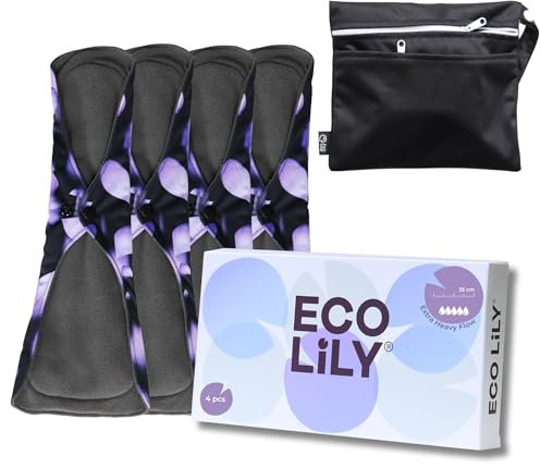 Eco Lily® Reusable Sanitary Pads - Sanitary Towels - Period Pads Leakproof Odour-Absorbing Charcoal Bamboo Pads (4 Pk Extra Heavy Flow)