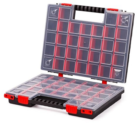 Mivos Caja de Surtido de Doble Cara 399 x 303 x 100 mm - Clasificación Con 64 Compartimentos Ajustables para Tornillos, Accesorios y Herramientas
