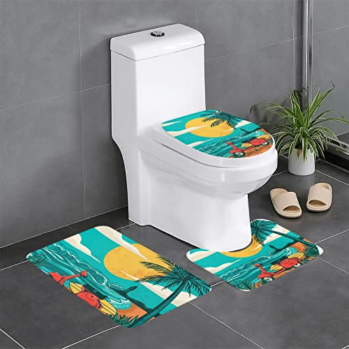 ROOZEE Sunset Beach Palme Flanell rutschfeste Badteppich-Sets 3-teilig - Dekoratives Badematten-Set, Badezimmerteppich + U-förmiger Kontur-Toilettenvorleger + O-Form Toilettensitzbezug