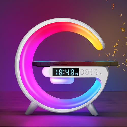 Nachttischlampe mit Mit Kabellosem LadegeräT, 2025 Neue Intelligente LED Tischlampe, AtmosphäRenlampe Mit Bluetooth Lautsprecher, Mini Dimmbare Nachtlicht Lampe Alarm Clock Mit Music , Tastensteuerung