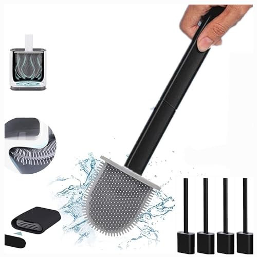 Revolutionary Black 4 pack Deep Clean Silicone Toilet Brush & Quick Dry Anti-drip Holder, Flexible No scratch Bathroom Brush