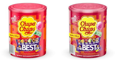 Chupa Chups Best of Lutscher-Dose, enthält 50 Lollis in 6 Geschmacksrichtungen wie Cola, Apfel, Erdbeere und weitere, praktische Aufbewahrungs-Dose, für Weihnachten, 50 x 12g (Packung mit 2)