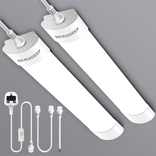 BERIXDEEP LED Batten Lights 2 Pack, Waterproof Plug in Strip Lights with Switch, IP65 Fuorescent Ceiling Lighting for Garage, Ceiling, Shed, Wall, Workshop, Office, 6500K Daylight, 1.3FT, 40cm, 18W