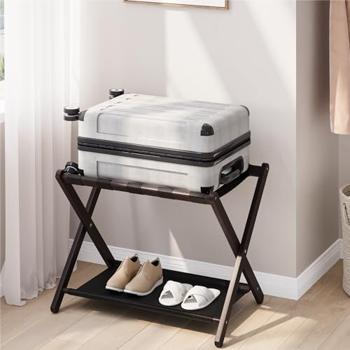 Smart FENDEE Porte-bagages pliable pour chambre d'amis, support de valise en bambou marron, peut supporter jusqu'à 59,4 kg, support de bagage avec étagère de rangement pour hôtel, chambre à coucher