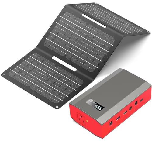 Portable Solar Power Bank with AC Outlet 65W 110V External Battery Pack, 24000mAh Portable Laptop Charger with Foldable Solar Panel 30W for Outdoor Smart Device Camping Hiking Trip Off Grid Backup