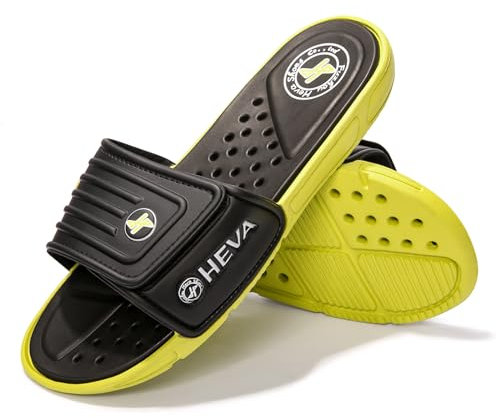 HEVA Slide Badeschuhe Herren Sommer Sandalen (Schwarz/Zitrone, 42)