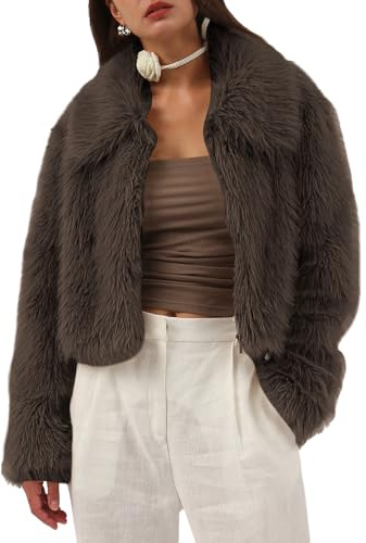 Amazhiyu Cappotto invernale da donna in pelliccia sintetica, a maniche lunghe, girocollo, con cerniera, caldo cappotto invernale, Marrone, M