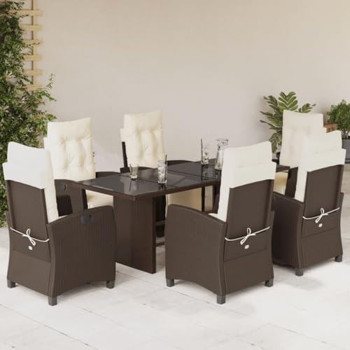 Keyroto Polyrattan Sitzgruppe mit 6 Gartenstuhl Hochlehner Verstellbar Garten Essgruppe 6 Personen Rattan Gartenmöbel Set Garten Essgruppe Gartengarnitur Sitzgarnitur Braun Type-98