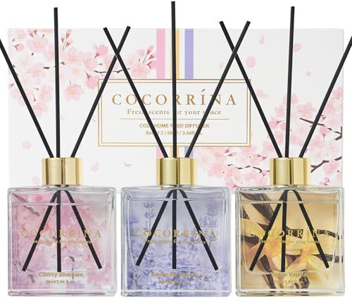 COCORRÍNA Reed Diffuser - 3 Pack/ 90ml with 24 Sticks Reed Diffuser for for House Bedroom Office Decor & Gifts Set (Cherry Blossom/Warm Vanilla/Lavender Thyme)