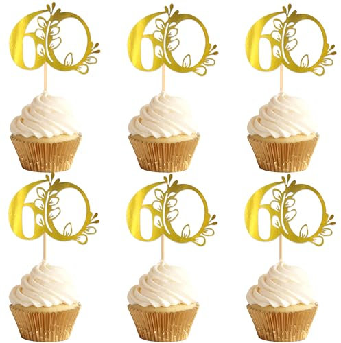 Blumomon 24Pcs 60th Happy Birthday Cupcake Toppers Happy 60 Cupcake Topper Cheers to 60 Cake Decoration 60th Birthday Party Decoration 60th Anniversary Cake Decoration（Gold）