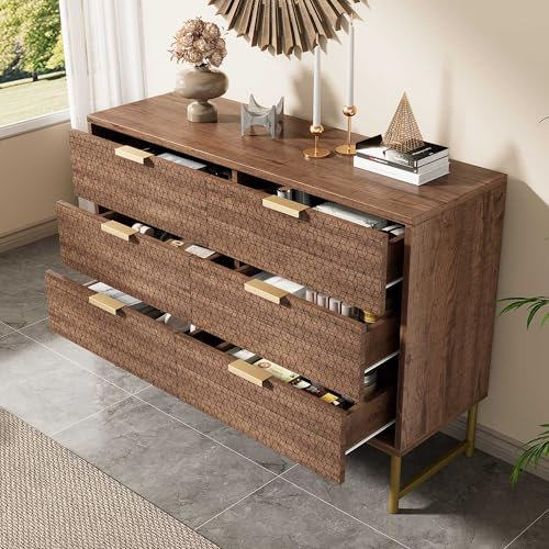 NIUAWASA Geprägte Struktur-Kommode, Sideboard mit Metallgriffen Wohnzimmerschränke mit 6 Schubladen Kippsicher Buffetschrank 120 x 40 x 75 cm, Nussbaum
