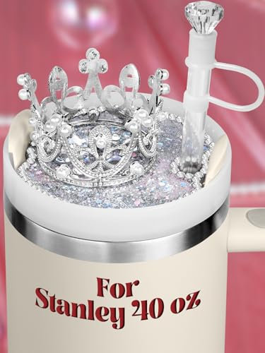 Toykee Lid Name Plate Topper for Stanley Cup 40 oz - Silver Crown with Diamond Straw Cover Cute Decoration Accessories for Tumbler, Water Bottle Glitter Bling Decor for Women Girls