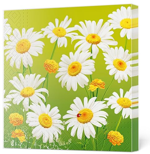 Daisy 3-lagige Frühlingsblumen-Seidenpapier-Servietten für Serviettentechnik, Mittagessen, 33 cm x 33 cm, 20 Stück (schöne Margeriten auf Grün)