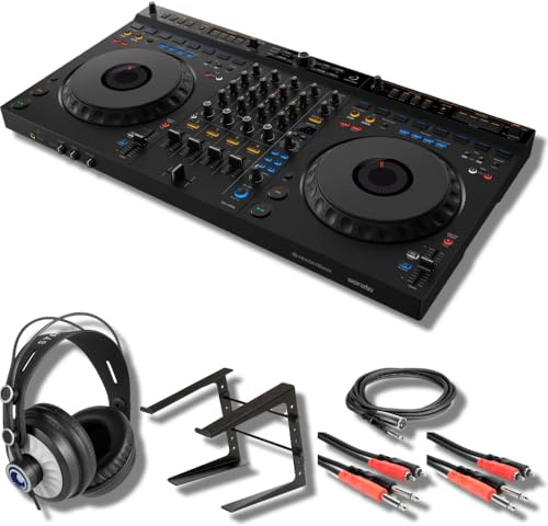 DDJ-GRV6 4-Channel DJ Controller with StreamEye Cans50 Professional Studio Headphones, On-Stage Stands LPT5000 Laptop Stand, and Essential Cables for Connecting to DJ Controllers