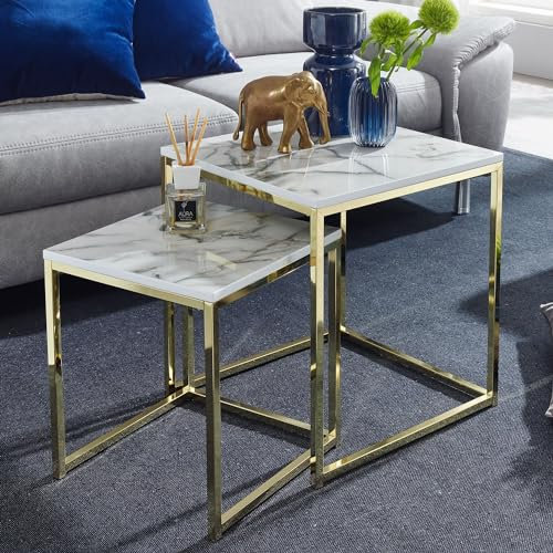 Design Beistelltisch 2er Set Weiß Marmor Optik Eckig | Couchtisch 2-teilig Tischgestell Metall Gold | Kleine Wohnzimmertische | Moderne Satztische Quadratisch